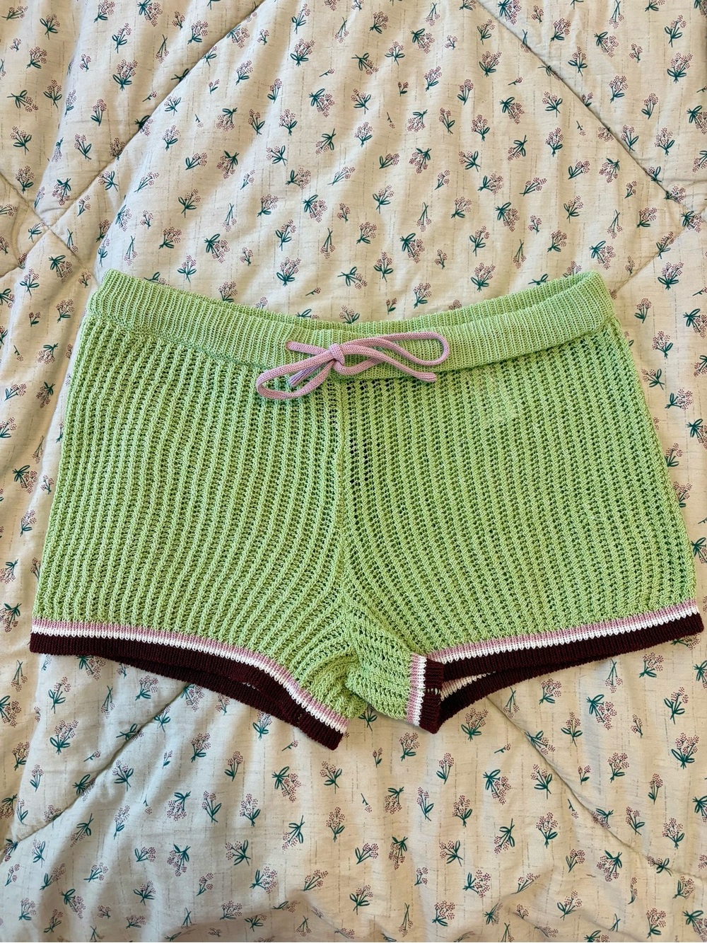 Zara Light Green Knit Shorts with Pink Drawstring